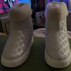 Gucci Off-White GG Monogram Shearling Cuff Sneaker Boots